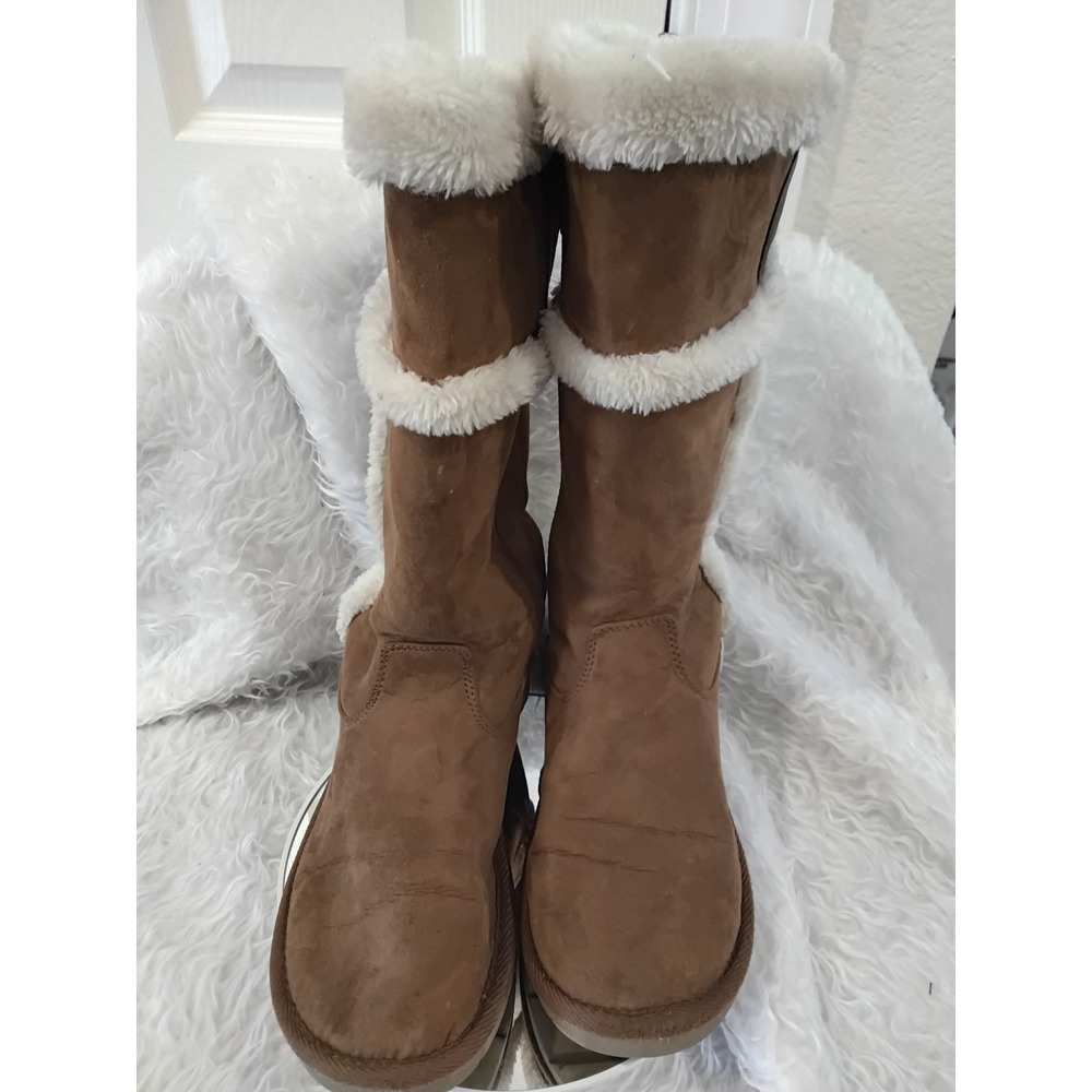Michael Kors Women Suede‎ Fur Lined Tall Boots Brown MK Logo Winter Size 4